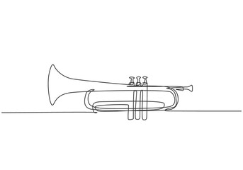 Single continuous line drawing of classical trumpet. Wind music instruments concept. Trendy one line draw design vector graphic illustration - obrazy, fototapety, plakaty