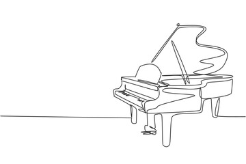 One single line drawing of luxury wooden grand piano. Modern classical music instruments concept continuous line draw design vector illustration graphic - obrazy, fototapety, plakaty
