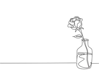 One single line drawing of beautiful fresh romantic rose flower on glass vase. Trendy greeting card, invitation, logo, banner, poster concept continuous line draw design graphic vector illustration