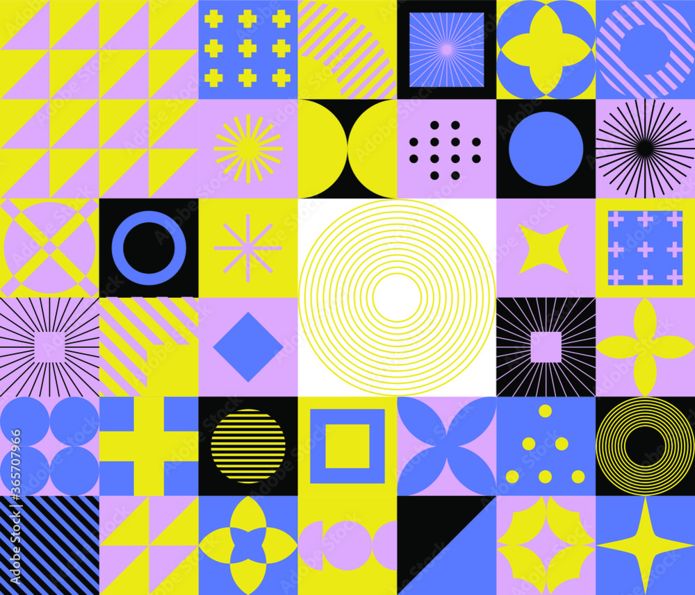 Poster modern geometric seamless pattern with bold simple shapes in bauhaus and neo-memphis retrofuturistic