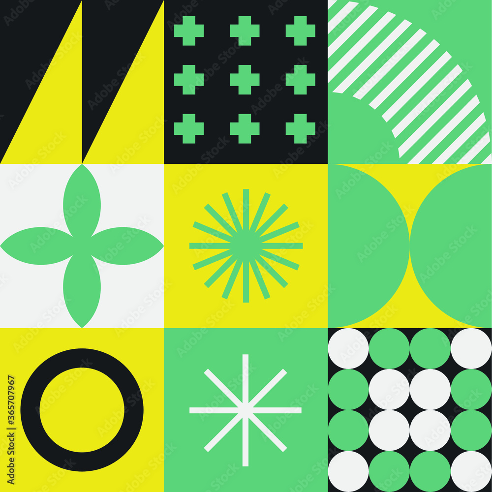 Poster modern geometric seamless pattern with bold simple shapes in bauhaus and neo-memphis retrofuturistic