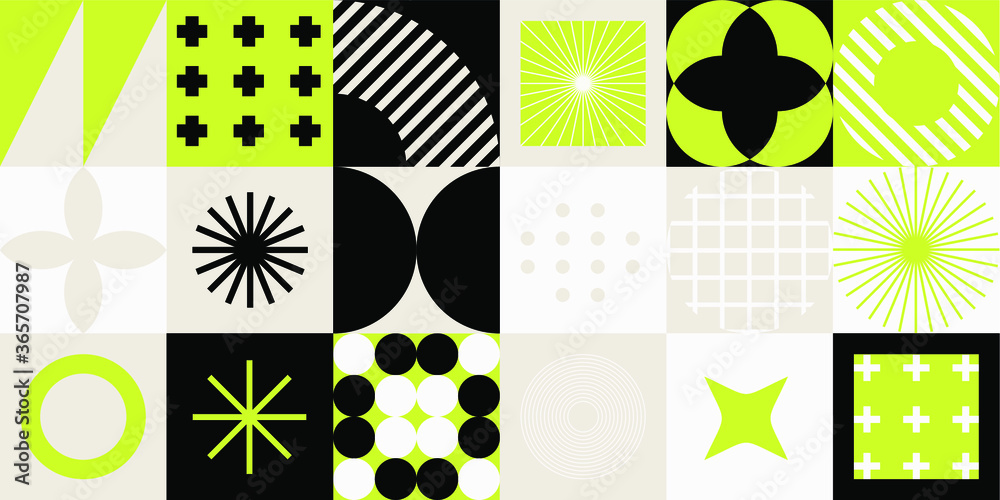 Poster Modern geometric seamless pattern with bold simple shapes in Bauhaus and Neo-memphis retrofuturistic style. Trendy vivid fashion print with minimal composition.