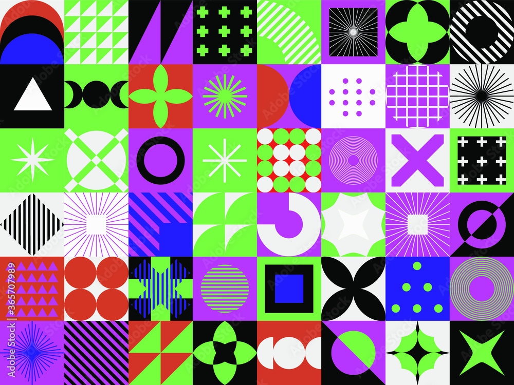 Poster modern geometric seamless pattern with bold simple shapes in bauhaus and neo-memphis retrofuturistic