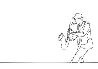 One continuous line drawing of young happy male saxophonist with hat performing to play saxophone on music concert. Musician artist performance concept single line draw design vector illustration - obrazy, fototapety, plakaty