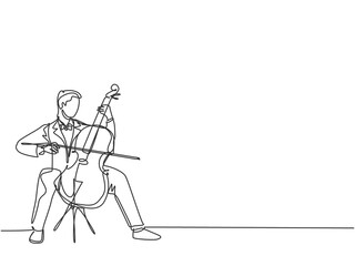 One single line drawing of young happy male cellist performing to play cello on classical orchestra concert. Musician artist performance concept continuous line graphic draw design vector illustration © Simple Line