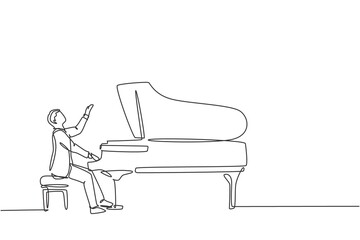 One continuous line drawing of young happy male pianist playing classic grand piano on music concert theater festival. Musician artist performance concept single line draw design vector illustration