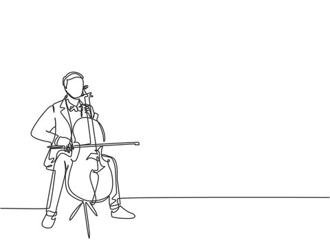 One single line drawing of young happy male cellist performing to play cello on classical orchestra theater. Musician artist performance concept continuous line draw graphic design vector illustration