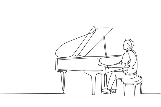 Single continuous line drawing of young happy male pianist playing classic grand piano on music concert orchestra. Musician artist performance concept one line draw design graphic vector illustration