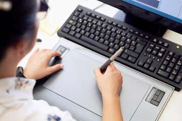 Close-up view of woman working at office