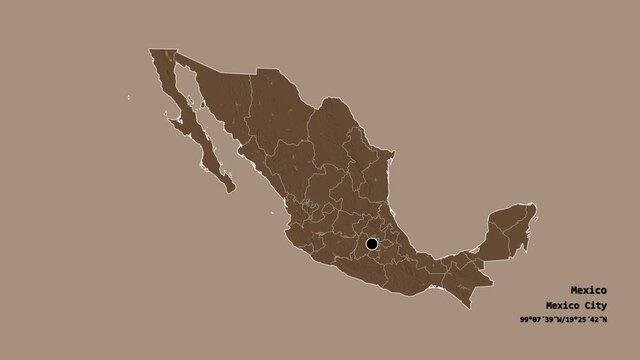Guerrero, state of Mexico, with its capital, localized, outlined and zoomed with informative overlays on a administrative map in the Stereographic projection. Animation 3D