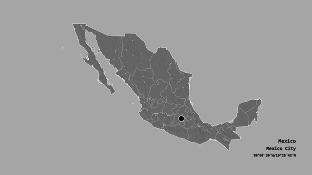 Guerrero, state of Mexico, with its capital, localized, outlined and zoomed with informative overlays on a bilevel map in the Stereographic projection. Animation 3D