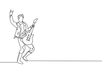 One single line drawing of young happy male guitarist playing electric guitar on music festival stage. Musician artist performance concept continuous line draw design vector graphic illustration