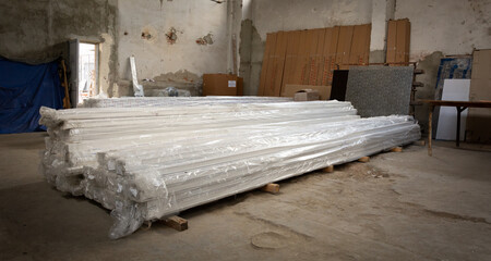 Moldova, Bender - May 18, 2019: Warehouse of pvc profiles for the production of pvc windows and pvc...