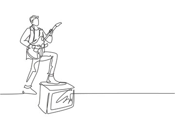 Single continuous line drawing of young happy male guitarist playing electric guitar while step on sound amplifier. Trendy musician artist performance concept one line draw design vector illustration