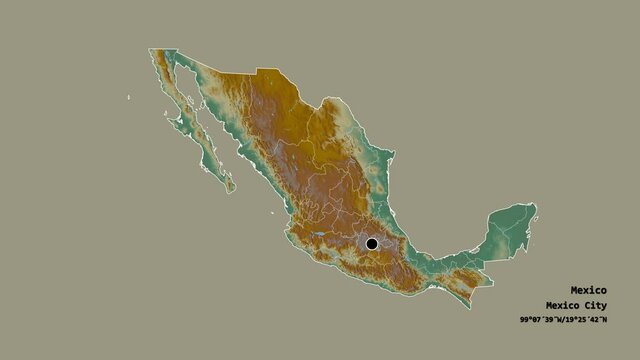 Guerrero, state of Mexico, with its capital, localized, outlined and zoomed with informative overlays on a relief map in the Stereographic projection. Animation 3D