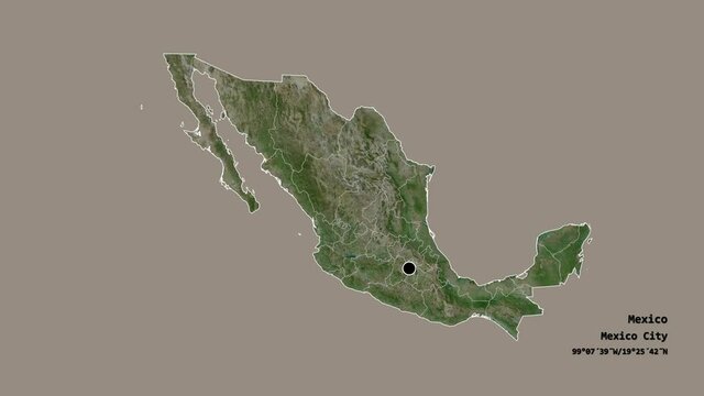 Guerrero, state of Mexico, with its capital, localized, outlined and zoomed with informative overlays on a satellite map in the Stereographic projection. Animation 3D