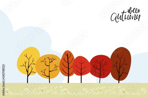 Cute Cartoon Autumn Landscape With Copy Space Vector Hello Autumn With Forest Tree Autumn Or Fall For Banner Sale Card And Template Background Wall Mural Anchalee
