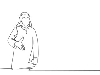 Single continuous line drawing of young happy muslim businessman give handshake gesture. Arab middle east businessmen with shmagh, kandura, thawb, robe cloth. One line draw design vector illustration