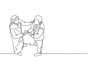 Single continuous line drawing of young muslim business owner shake hands with partner. Arab middle east businessmen with shmagh, kandura, thawb, robe cloth. One line draw design vector illustration