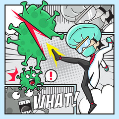 Illustration Vector Graphic of Doctor Against the Virus COVID-19 with Comic Style