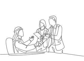 Obraz na płótnie Canvas One continuous line drawing of young muslim manager handshake to congratulate new worker. Saudi Arabian businessmen with shemag, scarf, keffiyeh clothing. Single line draw design vector illustration
