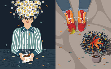 Set Cute Vector girl with flowers on her head holding white cup of hot Chocolate drink with cinnamon with leaves falling on table, Hello Autumn with girl wear red shoes standing next to pot plant.