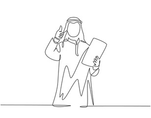 Single continuous line drawing of young muslim business manager give thumbs up and hold company rule policy. Arab middle east cloth shmagh, kandura, robe. One line draw design vector illustration