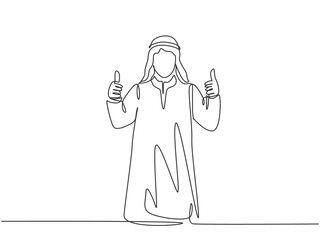 One single line drawing of young happy muslim startup team member giving thumb up gesture. Saudi Arabia cloth shmag, kandora, headscarf, thobe, ghutra. Continuous line draw design vector illustration