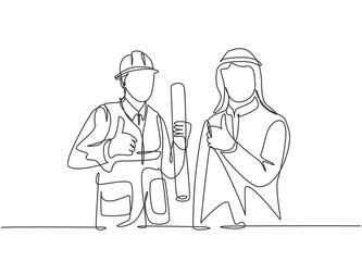 Fototapeta na wymiar One continuous line drawing of muslim businessman and building constructor collaboration and give thumbs up. Islamic clothing kandura, scarf, keffiyeh. Single line draw design vector illustration