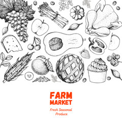 Obraz premium Various food frame. Meat, vegetabeles and fruits. Good food store concept. Organic food illustration. Farmers market design elements. Hand drawn sketch.