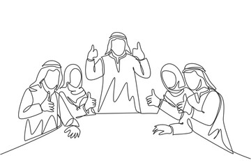 One single line drawing of young happy muslim businessman and his diversity team give thumb up. Saudi Arabia cloth shmag, headscarf, thobe, ghutra. Continuous line draw design vector illustration