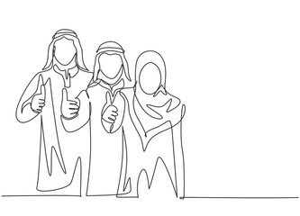 Single continuous line drawing of young muslim male and female marketing managers giving thumbs up gestures. Arab middle east cloth shmagh, kandura, thawb. One line draw design vector illustration
