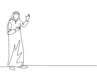 One single line drawing of young happy muslim businessman giving presentation gesture hands. Saudi Arabia cloth shmag, kandora, headscarf, thobe. Continuous line draw design vector illustration