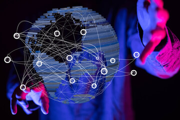 Global network connection. World map point and line composition