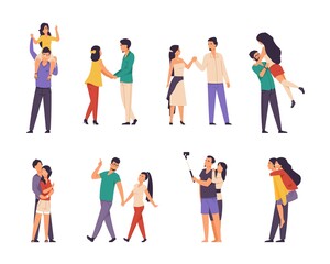 Obraz premium Couples characters. Cartoon boy and girl on date, holding hands walking and spending time together. Vector set illustrations romantic scenes with love happiness couples