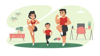 Family workout. Cartoon characters doing sport exercises at home, indoor activities with children concept. Vector illustrations mom and dad exercising fitness in gym