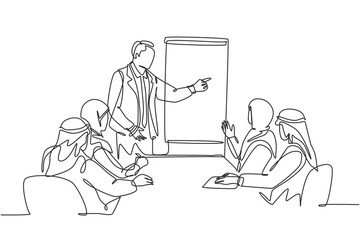One continuous line drawing of young muslim business coach deliver business training at company meeting. Islamic clothing shemag, kandura, scarf, keffiyeh. Single line draw design vector illustration