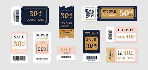 Sale vouchers. Coupon mockup design for sale and gift event posts in social media, discount ticket collection. Vector image banners with promo code offer isolated set