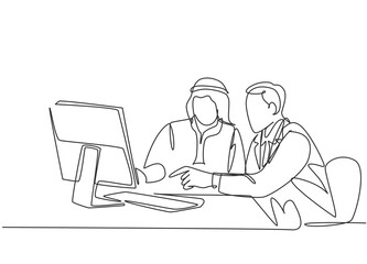One single line drawing of young happy muslim businessman discussing budget plan with colleague. Saudi Arabia cloth shmag, kandora, headscarf, thobe. Continuous line draw design vector illustration