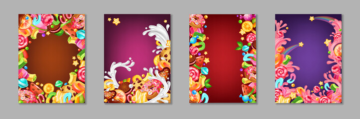 Cartoon candy posters. Background templates with sweets and desserts for kids, chocolate and caramel cakes lollipops and cookies. Vector template colourful banner set