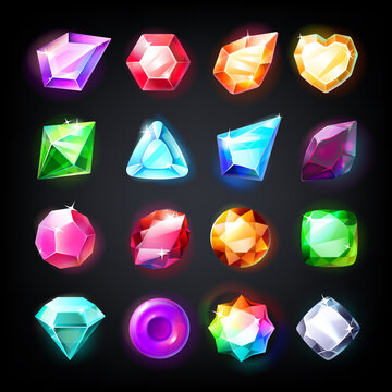 Gems. Cartoon jewelry stones for game achievement and currency, icon set of colored shiny crystals. Vector illustration beautiful game jewels collection
