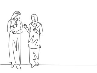 Single continuous line drawing of young muslim business couple discussing product sales strategy together. Arab middle east cloth shmagh, thawb, robe, hijab. One line draw design vector illustration