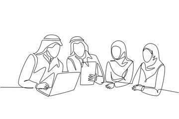 One single line drawing of young happy muslim businessman discussing deal project together. Saudi Arabia cloth shmag, kandora, headscarf, thobe, hijab. Continuous line draw design vector illustration