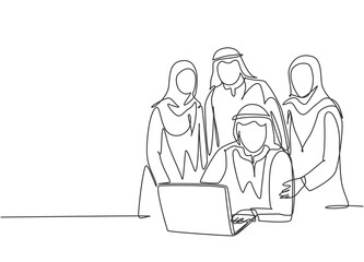 One single line drawing of young happy muslim startup team members pose together solidly. Saudi Arabia cloth shmag, kandora, headscarf, thobe, ghutra. Continuous line draw design vector illustration