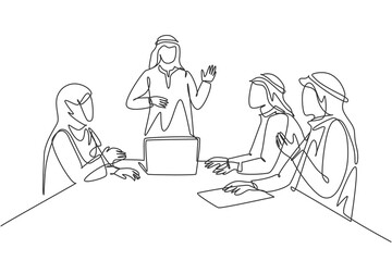 Single continuous line drawing of young muslim businessman presenting proposal business to prospective investor. Arab middle east cloth kandura, thawb, robe. One line draw design vector illustration