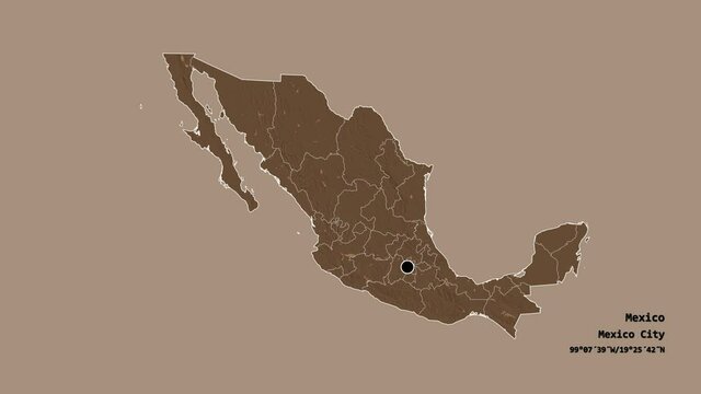 Nuevo León, state of Mexico, with its capital, localized, outlined and zoomed with informative overlays on a administrative map in the Stereographic projection. Animation 3D
