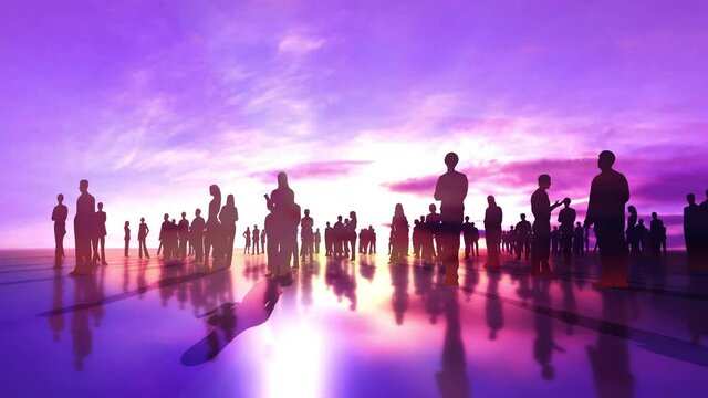 太陽に向かって立つ群衆のシンボルイメージとゆっくりと移動するカメラモーション　3Dレンダリングアニメーション