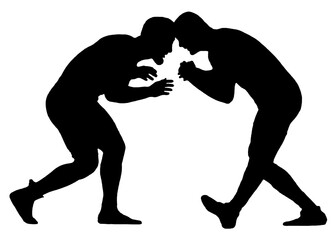 Wrestling. Black silhouettes of wrestlers isolated on a white background