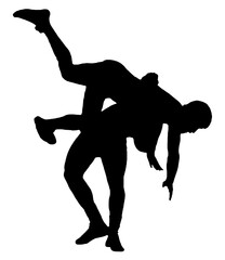 Wrestling. Black silhouettes of wrestlers isolated on a white background