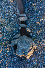 View from a drone of the Dolmen in the Alto de la huesera in Laguardia in the Rioja Alavesa with the Sierra de Cantabria in the background. Alava, Basque Country, Spain, Europe
